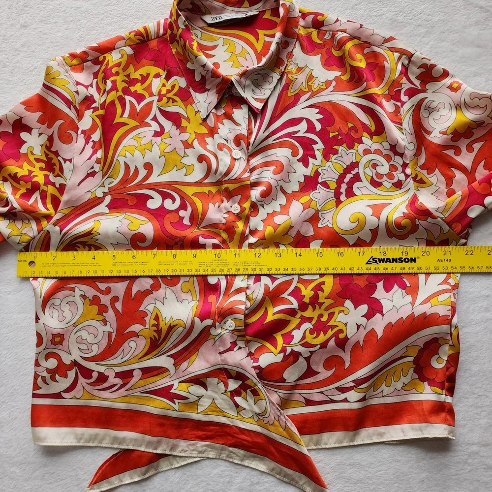 Zara Tie Front Blouse Womens XL Psychedelic Retro Floral Boho Festival Orange - Picture 12 of 14